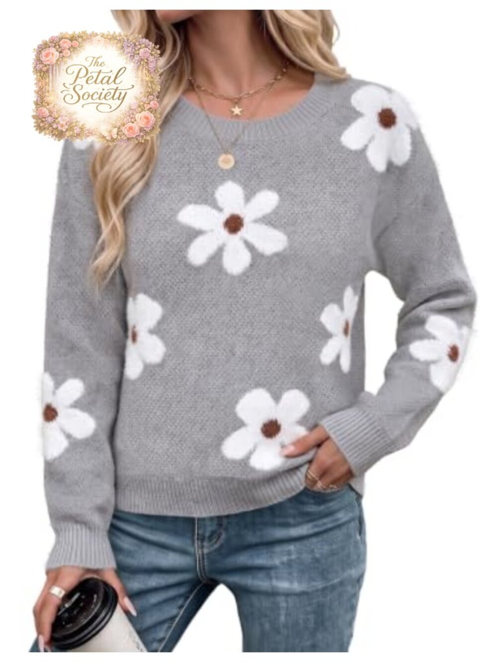 Women's Floral Pullover Round Neck Sweater Dressy Tops